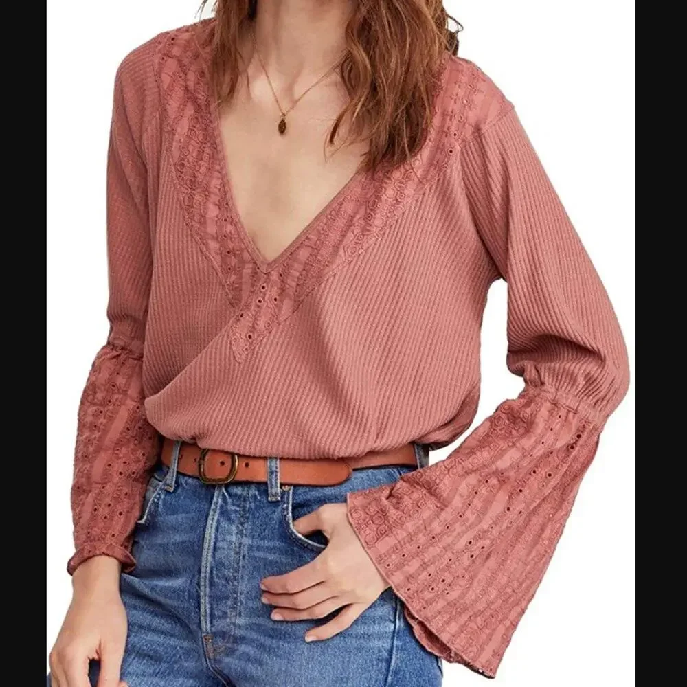 Free People V-Neck Bell Sleeve Parisian Nights Top Long Sleeve Size XS
